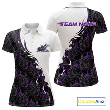 Load image into Gallery viewer, Front and back view of a white womens bowling polo shirt mockup featuring purple and black flame bowling pattern with modern sporty design.