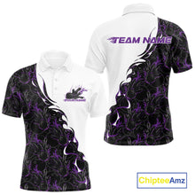Load image into Gallery viewer, Front and back view of a white mens bowling polo shirt mockup featuring purple and black flame bowling pattern with bold sporty visuals.