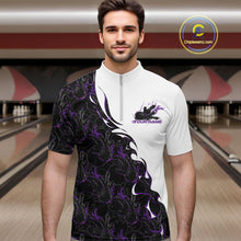 Load image into Gallery viewer, Male model at a bowling lane wearing white quarter zip shirt, front view showcasing purple and black flame bowling pattern with energetic design artwork