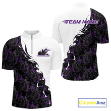 Load image into Gallery viewer, Mens quarter zip bowling shirt mockup showing white shirt with purple and black flame bowling pattern in a bold front and back layout