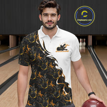 Load image into Gallery viewer, Front view of a male model in a bowling lane wearing a white polo shirt with yellow and black flame bowling pattern and energetic bowling action visuals.