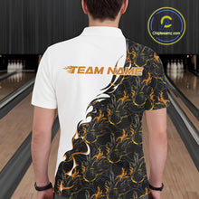 Load image into Gallery viewer, Back view of a male model in a bowling lane wearing a white polo shirt with yellow and black flame bowling pattern and dynamic sporty bowling graphics.