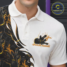 Load image into Gallery viewer, Close-up view of the left chest of a white bowling polo shirt featuring yellow and black flame bowling pattern with detailed athletic design.