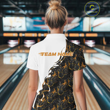 Load image into Gallery viewer, Back view of a female model in a bowling lane wearing a white polo shirt featuring yellow and black flame bowling pattern with energetic athletic styling.