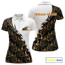 Load image into Gallery viewer, Front and back view of a white womens bowling polo shirt mockup featuring yellow and black flame bowling pattern with dynamic sporty graphics.