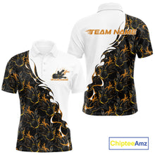 Load image into Gallery viewer, Front and back view of a white mens bowling polo shirt mockup featuring yellow and black flame bowling pattern with bold athletic graphics.