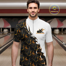 Load image into Gallery viewer, Male model in a bowling lane wearing white quarter zip shirt, front view showcasing yellow and black flame pattern with dynamic bowling-themed graphics