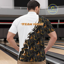 Load image into Gallery viewer, Male model in a bowling lane wearing a white quarter zip shirt, front view featuring yellow and black flame bowling pattern with dynamic sports graphics