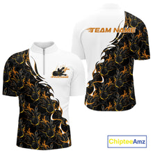 Load image into Gallery viewer, Mens quarter zip bowling shirt mockup featuring white shirt with yellow and black flame bowling pattern in a high-energy sportswear design