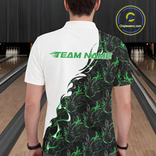 Load image into Gallery viewer, Back view of a male model in a bowling lane wearing a white polo shirt featuring green and black flame bowling pattern with athletic sports styling.