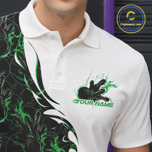 Load image into Gallery viewer, Close-up view of the left chest of a white bowling polo shirt showing green and black flame bowling pattern with detailed sporty design.