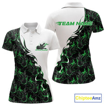 Load image into Gallery viewer, Front and back view of a white womens bowling polo shirt mockup featuring green and black flame bowling pattern with bold sporty bowling styling.