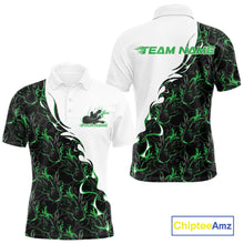 Load image into Gallery viewer, Front and back view of a white mens bowling polo shirt mockup featuring green and black flame bowling pattern with clean sporty graphics.