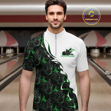 Load image into Gallery viewer, Male model in a bowling alley wearing white quarter zip shirt, front view showcasing green and black flame bowling pattern with dynamic bowling-themed artwork