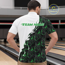 Load image into Gallery viewer, Male model at a bowling lane wearing white quarter zip shirt, front view featuring green and black flame pattern with striking bowling action illustration