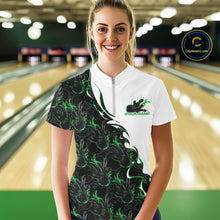 Load image into Gallery viewer, Front view of a female model wearing a white quarter-zip shirt in a bowling lane, featuring green and black flame bowling pattern with dynamic sports styling.