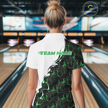 Load image into Gallery viewer, Back view of a female model in a bowling lane wearing a white quarter-zip shirt, showcasing green and black flame bowling pattern with bold athletic bowling graphics.
