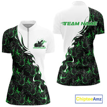 Load image into Gallery viewer, Front and back view of a white bowling quarter-zip shirt mockup with green and black flame bowling pattern, showcasing bold sporty bowling-themed graphics.