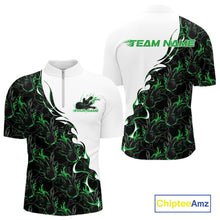 Load image into Gallery viewer, Mens quarter zip bowling shirt mockup displaying white shirt with green and black flame bowling pattern in a bold and energetic sports design