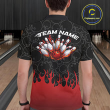 Load image into Gallery viewer, Back view of a male model in a bowling lane wearing a black polo shirt featuring vibrant red flames and bowling ball pattern with bold sports styling.