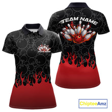 Load image into Gallery viewer, Front and back view of a womens black polo shirt mockup featuring bowling ball pattern with vibrant red flames rising from the bottom and bold bowling graphics.