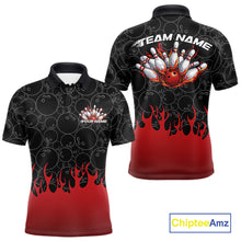Load image into Gallery viewer, Front and back view of a mens black bowling polo shirt mockup featuring bowling ball pattern with vibrant red flames rising and dynamic flaming bowling graphics.