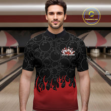 Load image into Gallery viewer, Male model at a bowling lane wearing a black quarter zip shirt, front view showing bowling ball pattern with red flames rising and energetic bowling-themed illustration
