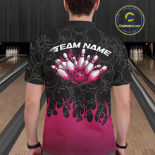 Load image into Gallery viewer, Back view of a male model in a bowling lane wearing a black polo shirt featuring vibrant pink flames and bowling ball pattern with energetic sports styling.