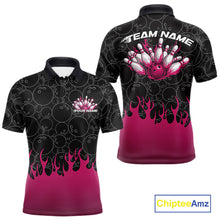 Load image into Gallery viewer, Front and back view of a mens black bowling polo shirt mockup featuring bowling ball pattern with vibrant pink flames rising and bold bowling design.