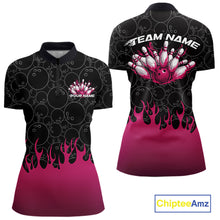 Load image into Gallery viewer, Front and back view of a womens bowling quarter-zip shirt mockup in black, showcasing vibrant pink flames rising from the bottom with bowling ball pattern and flaming bowling artwork.
