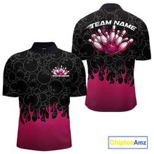 Load image into Gallery viewer, Mens quarter zip bowling shirt mockup showcasing black shirt with bowling ball pattern and vibrant pink flames rising from the lower section in a flaming bowling design