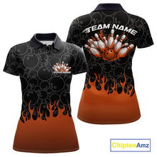 Load image into Gallery viewer, Front and back view of a womens black polo shirt mockup featuring bowling ball pattern with vibrant orange flames rising from the bottom and energetic bowling visuals.
