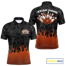 Load image into Gallery viewer, Front and back view of a mens black bowling polo shirt mockup featuring bowling ball pattern with vibrant orange flames rising and dynamic bowling graphics.