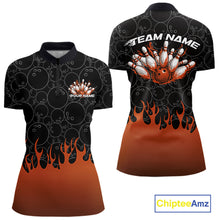 Load image into Gallery viewer, Front and back view of a black bowling quarter-zip shirt mockup with vibrant orange flames rising, showcasing flaming bowling ball striking pins artwork and dynamic bowling graphics.