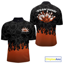 Load image into Gallery viewer, Mens quarter zip bowling shirt mockup displaying black shirt with bowling ball pattern and vibrant orange flames rising with a flaming bowling theme