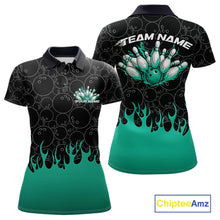 Load image into Gallery viewer, Front and back view of a womens black polo shirt mockup featuring vibrant turquoise green flames rising from the bottom with bowling ball pattern and dynamic bowling design.
