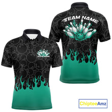 Load image into Gallery viewer, Front and back view of a mens black bowling polo shirt mockup featuring vibrant turquoise green flames rising from the bottom with bowling ball pattern graphics.