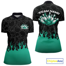 Load image into Gallery viewer, Front and back view of a black bowling quarter-zip shirt mockup with vibrant turquoise flames rising from the bottom, featuring flaming bowling ball design and dynamic bowling action graphics.