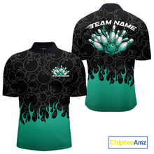 Load image into Gallery viewer, Mens quarter zip bowling shirt mockup featuring black shirt with bowling ball pattern and vibrant turquoise green flames rising from the lower design area