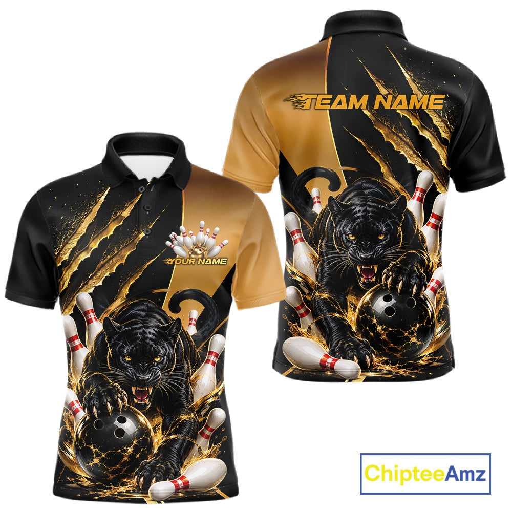 Custom Black And Gold Claw Marks Black Panther Men Bowling Polo Team Shirt IPHW11631