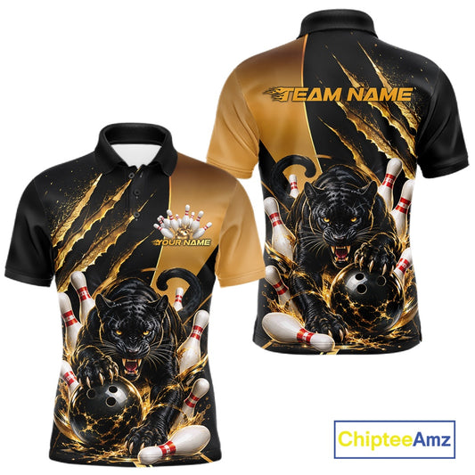 Front and back views of a short-sleeve polo shirt featuring a dynamic bowling graphic with a black panther, gold claw marks, bowling balls, pins, and white bowling pins on a black and gold background. The shirt includes customizable text placeholders 'YOUR NAME' and 'TEAM NAME'.