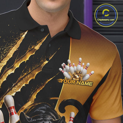 Custom Black And Gold Claw Marks Black Panther Men Bowling Polo Team Shirt IPHW11631