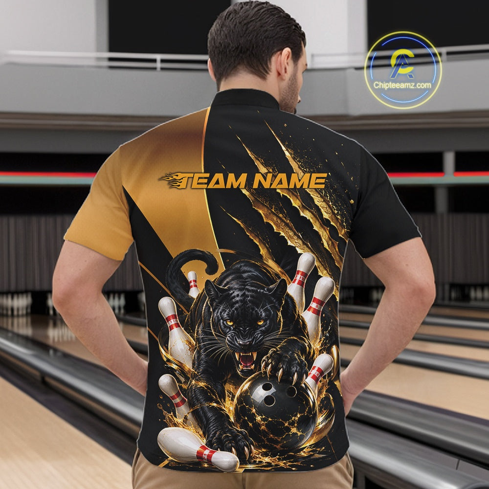 Custom Black And Gold Claw Marks Black Panther Men Bowling Quarter Zip Team Shirt IPHW11631