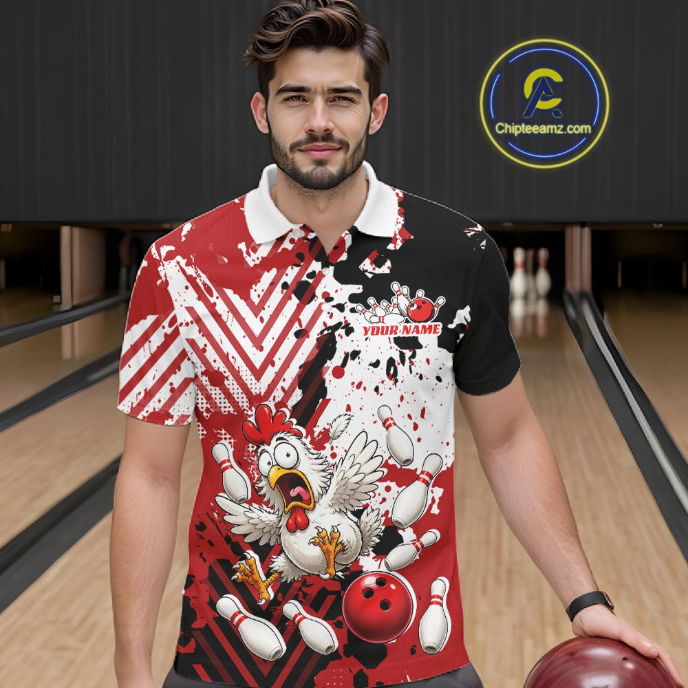 Custom Funny Chicken Bowling Team Shirt For Men, Red Splatter Chicken Bowling Jerseys IPHW11634