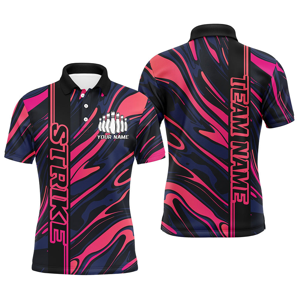 Custom Pink Camo Strike Bowling Polo Shirts For Men, Striking Bowling Team Uniform IPHW8137