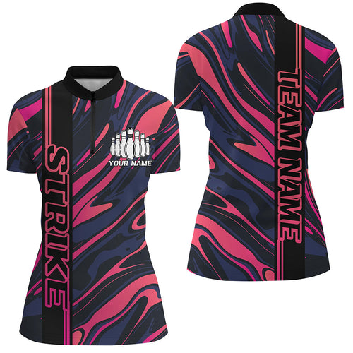 Custom Pink Camo Strike Bowling Quarter-Zip Shirts For Women, Striking Bowling Team Uniform IPHW8137