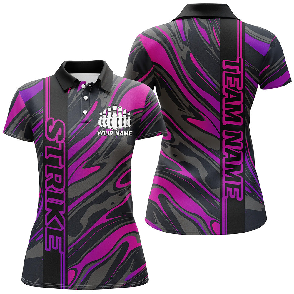 Custom Purple And Pink Strike Bowling Polo Shirts For Women, Striking Bowling Team Uniform IPHW8140