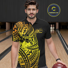 Load image into Gallery viewer, Male model wearing a black and gold bowling polo shirt at the bowling lane with tribal-inspired bowling artwork.