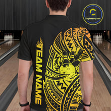 Load image into Gallery viewer, Back view of a male model in a black and gold bowling polo shirt displaying bold swirl bowling graphics and Polynesian accents.
