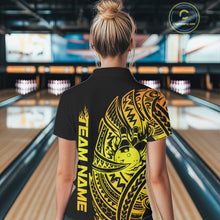 Load image into Gallery viewer, Back view of a female model in a black and gold bowling polo shirt featuring tribal-inspired bowling artwork.